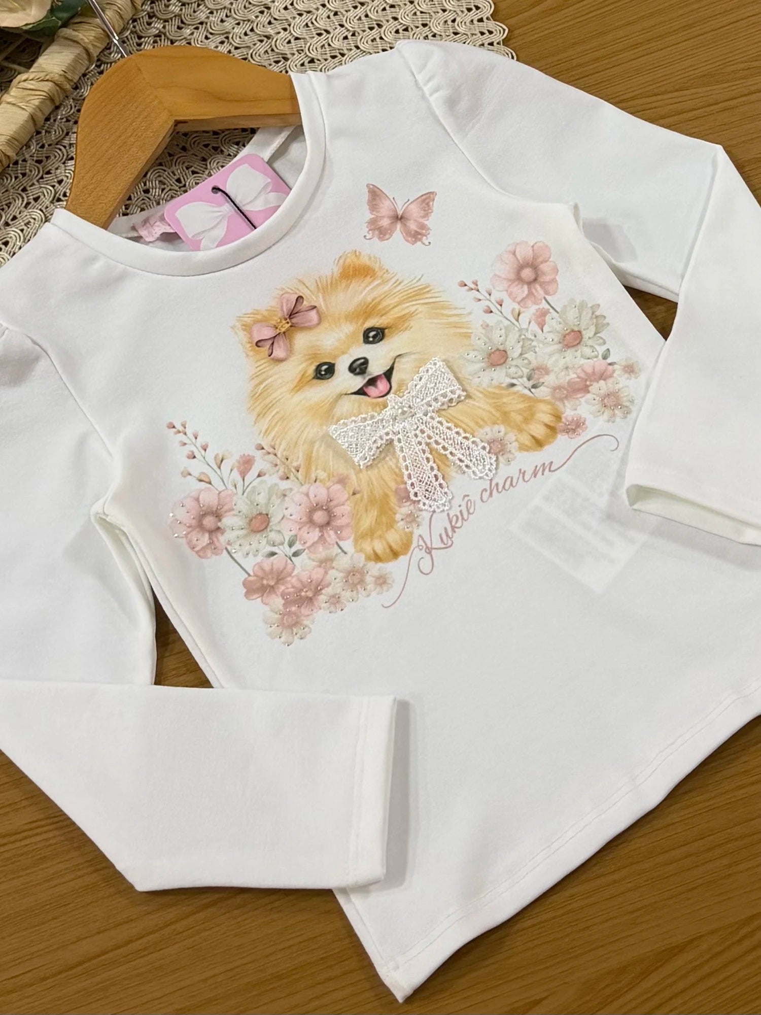 Conjunto Infantil Kukiê Inverno com Shorts Rosa e Blusa Manga Longa Cachorrinha Lacinho