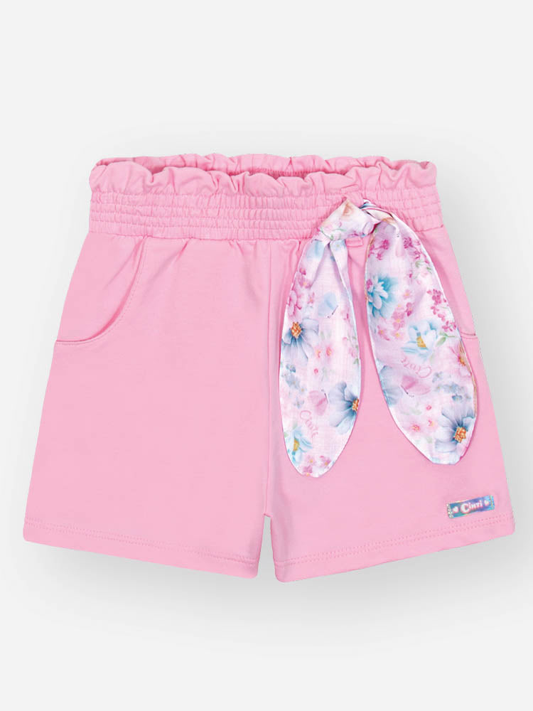 Conjunto Infantil Cinti Verão com Shorts Lacinho e Blusa Rosa Estampada