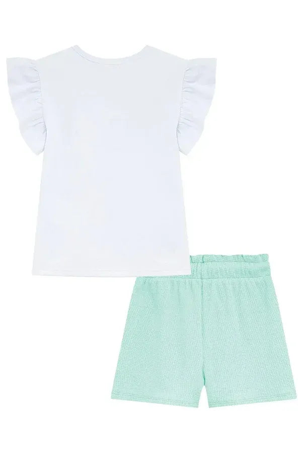 Conjunto Infantil Menina Kukiê com Shorts Verde e Blusa Gatinha Happy