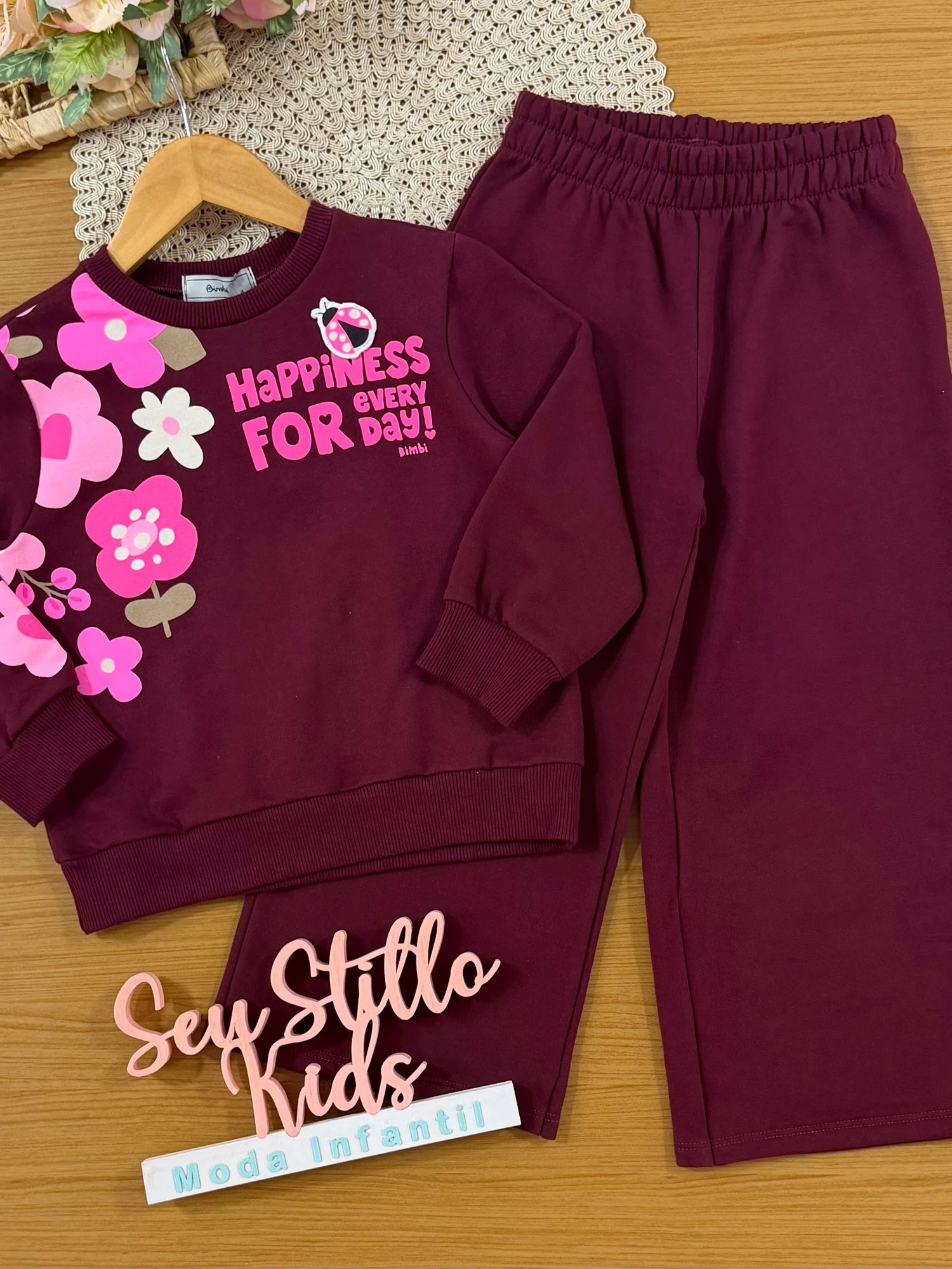 Conjunto Infantil Bimbi Inverno com Calça e Moletom Flanelado Vinho Happiness Flozinhas