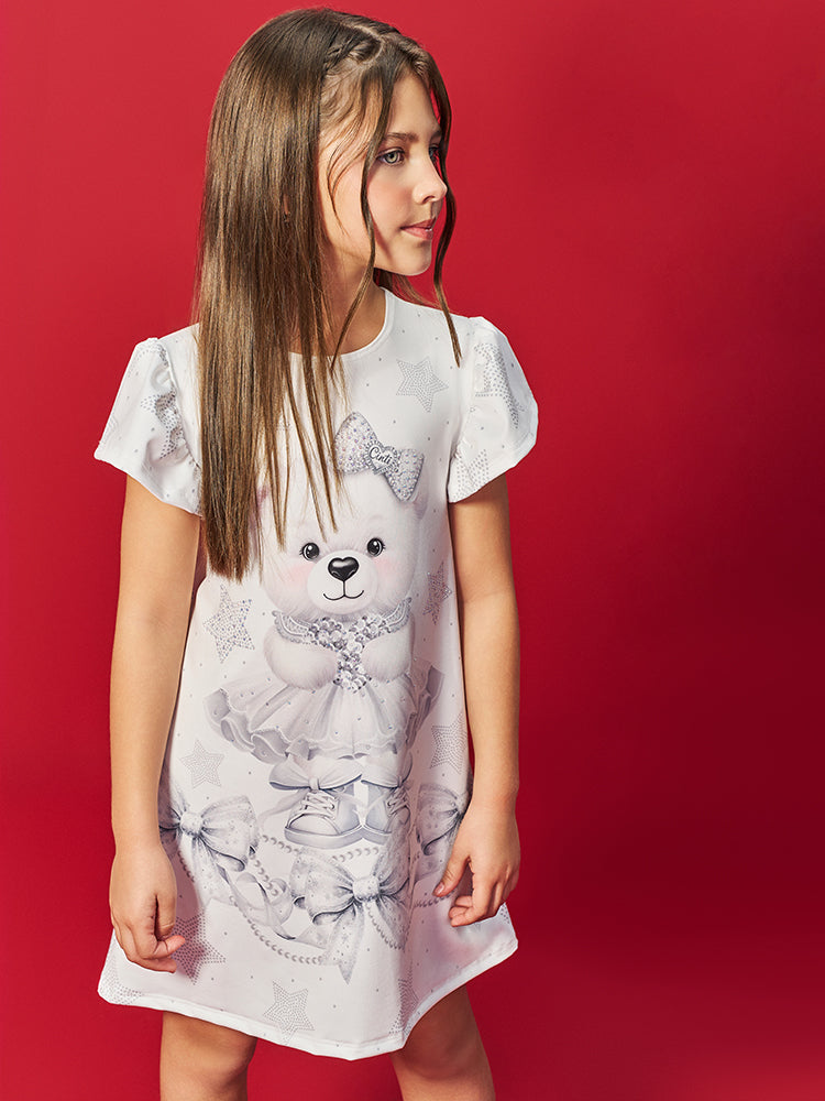 Vestido Infantil Cinti Verão Branco Ursinha Estrelinha