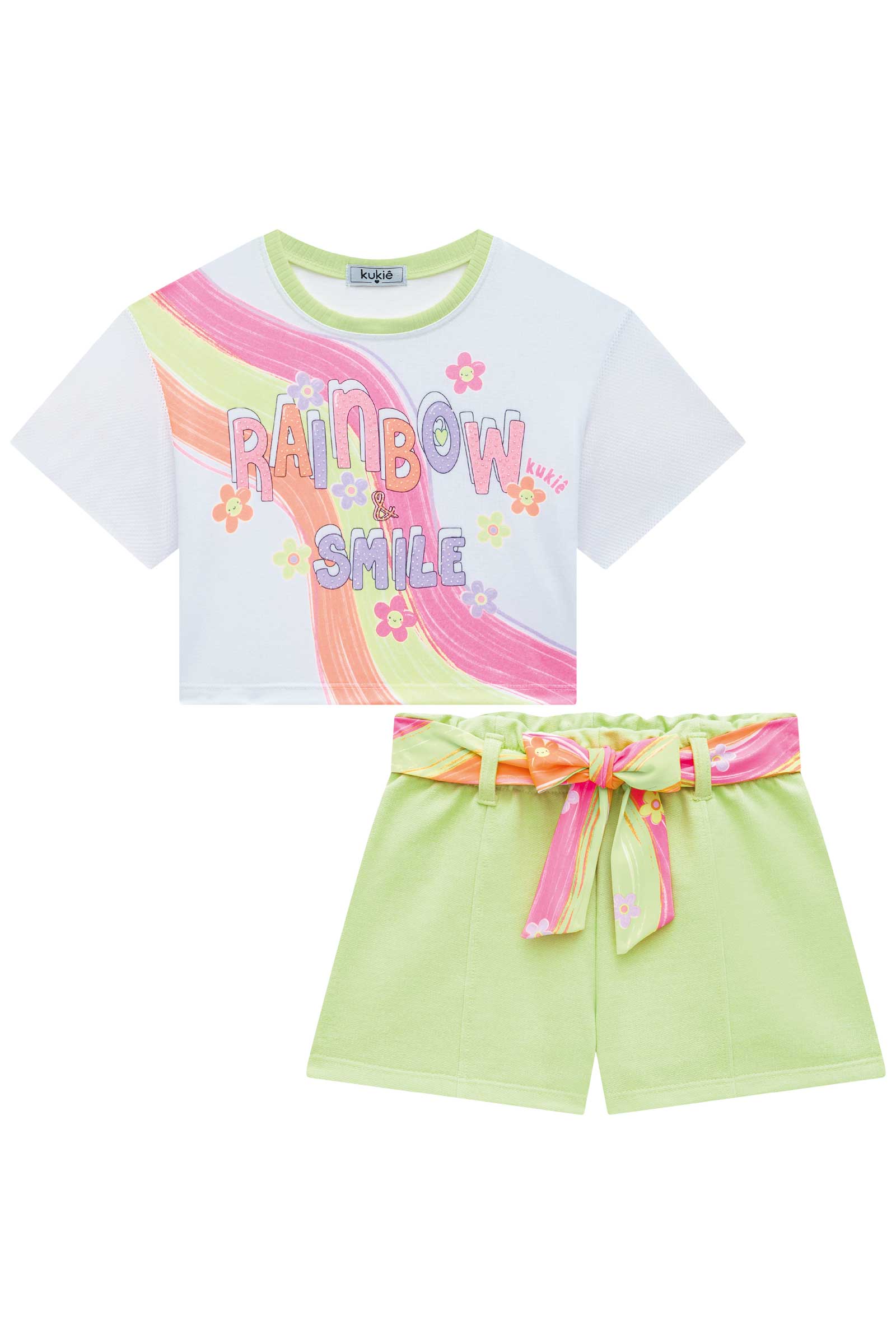 Conjunto Infantil Kukie Verão Shorts Verde e Blusa Arco-íris