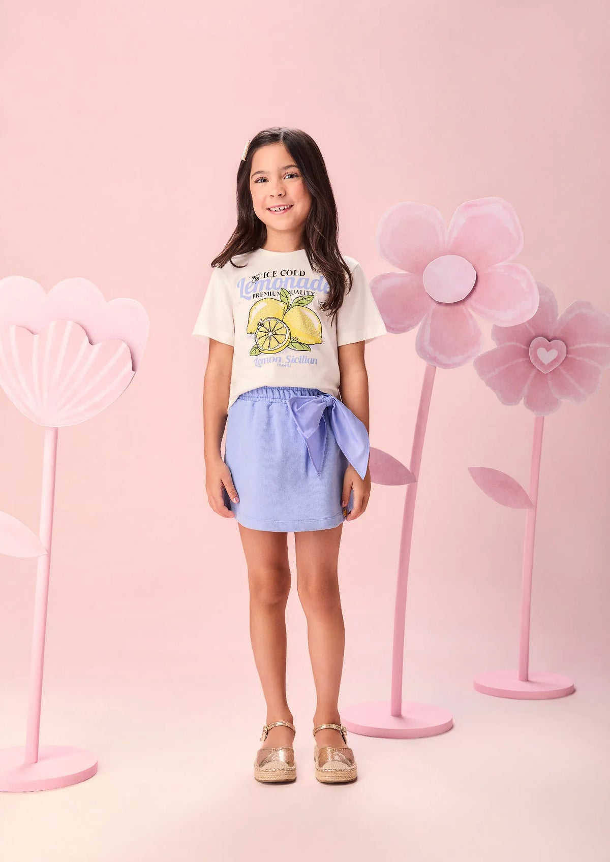 Conjunto Infantil Menina Momi Shorts Saia Azul e Blusa Limãozinho Strass