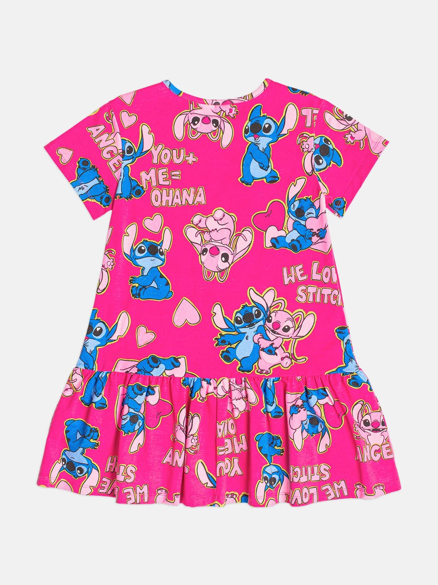 Vestido Infantil Bimbi Inverno Rosa Stitch e Angel Estampado Disney
