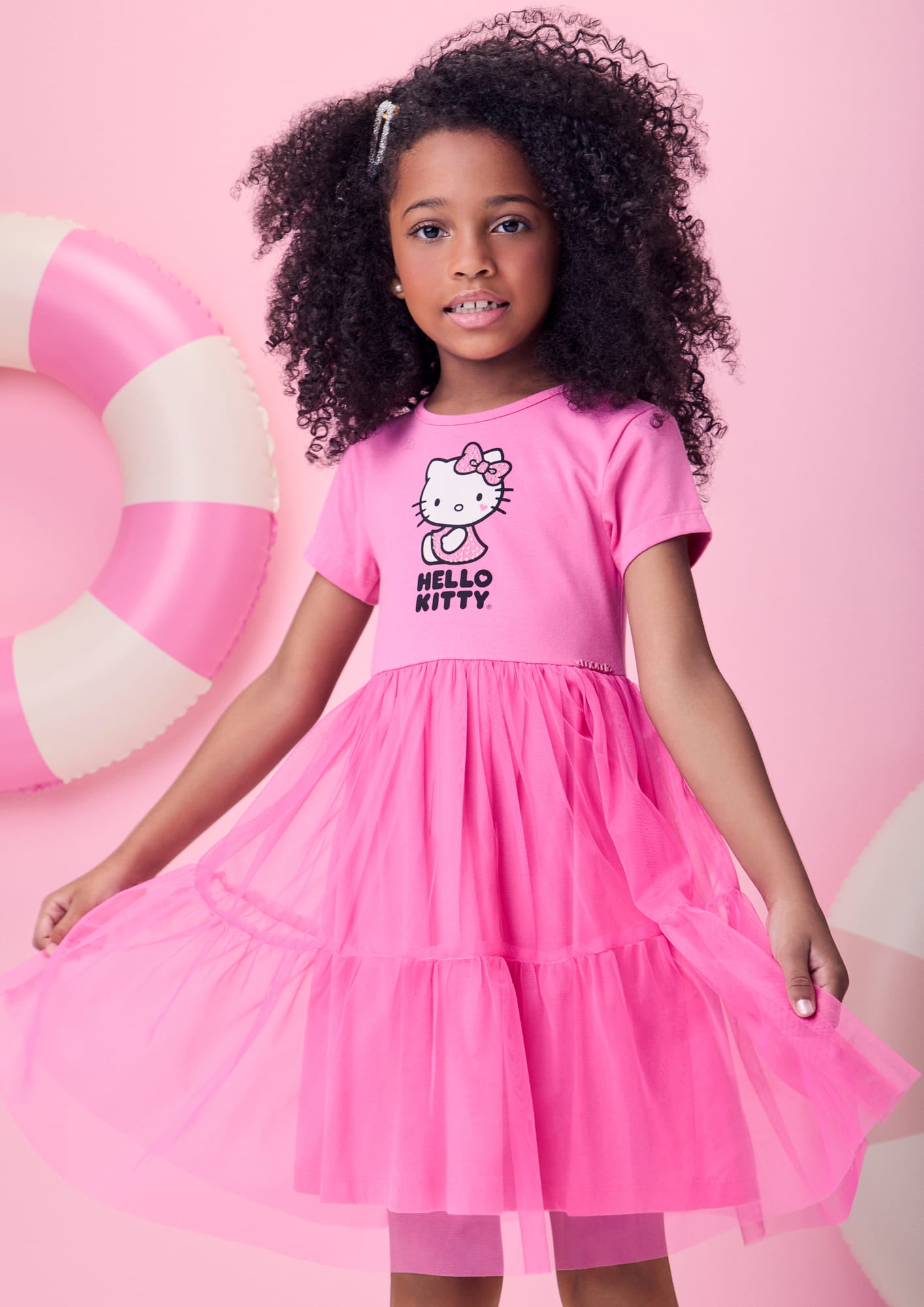 Vestido Infantil Momi Verão Rosa com Tule Hello Kitty