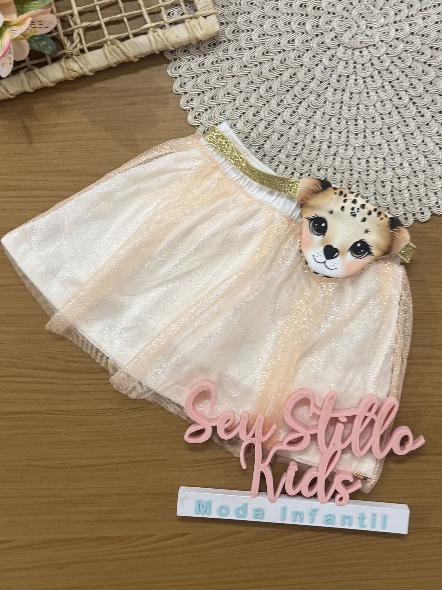 Conjunto Infantil Cinti Verão com Saia em Tule Oncinha e Regata Branca