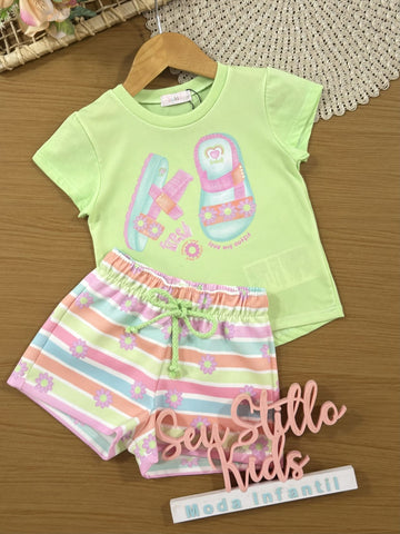 Conjunto Infantil Kukiê Verão com Shorts Verde e Blusa Verde Sapatinho