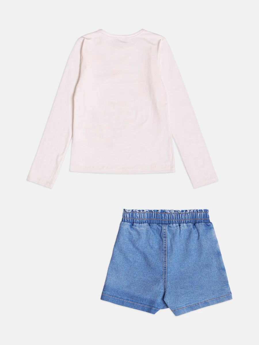 Conjunto Infantil Bimbi Inverno com Shorts Saia Jeans e Blusa Manga Longa Casinha