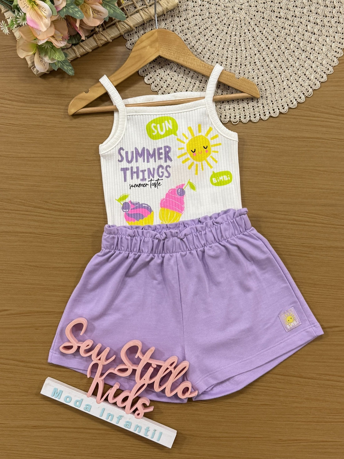 Conjunto Infantil Bimbi Verão com Short Roxo e Blusa Branca Sabor Verão