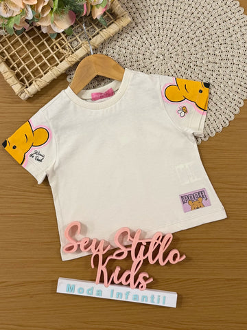 Blusa Infantil Momi Inveno Manga Curta Bege Ursinho Pooh Disney
