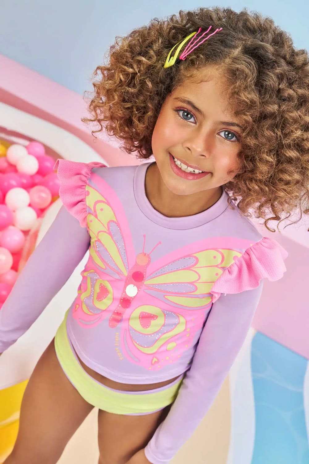 Biquíni Infantil Kukiê Verão com Blusa Manga Longa Lilás Borboleta