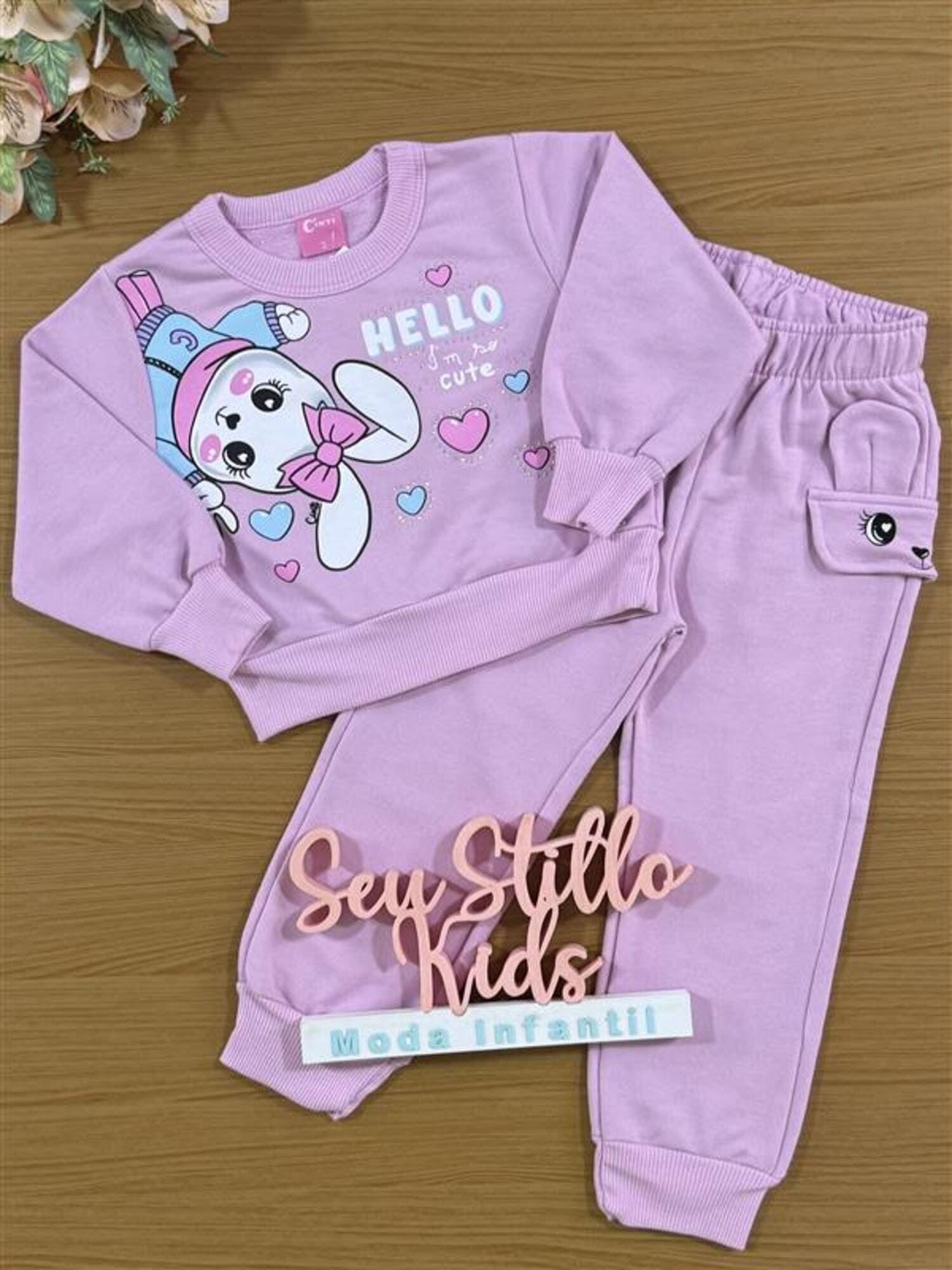 Conjunto Infantil Cinti Inverno com Calça e Casaco Lilás Coelhinha com Strass