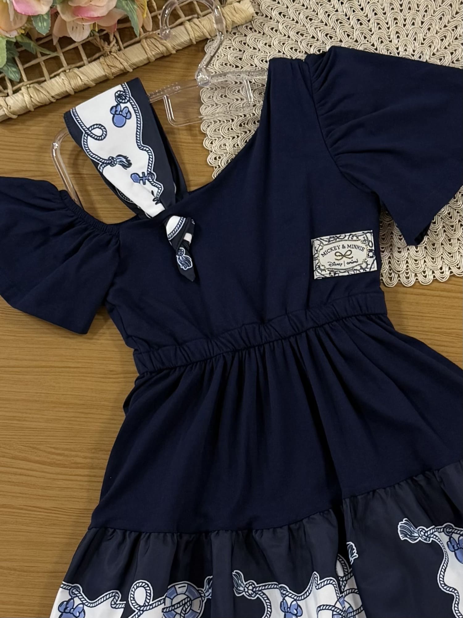 Vestido Infantil Animê Verão Azul Marinho Minnie e Mickey Disney