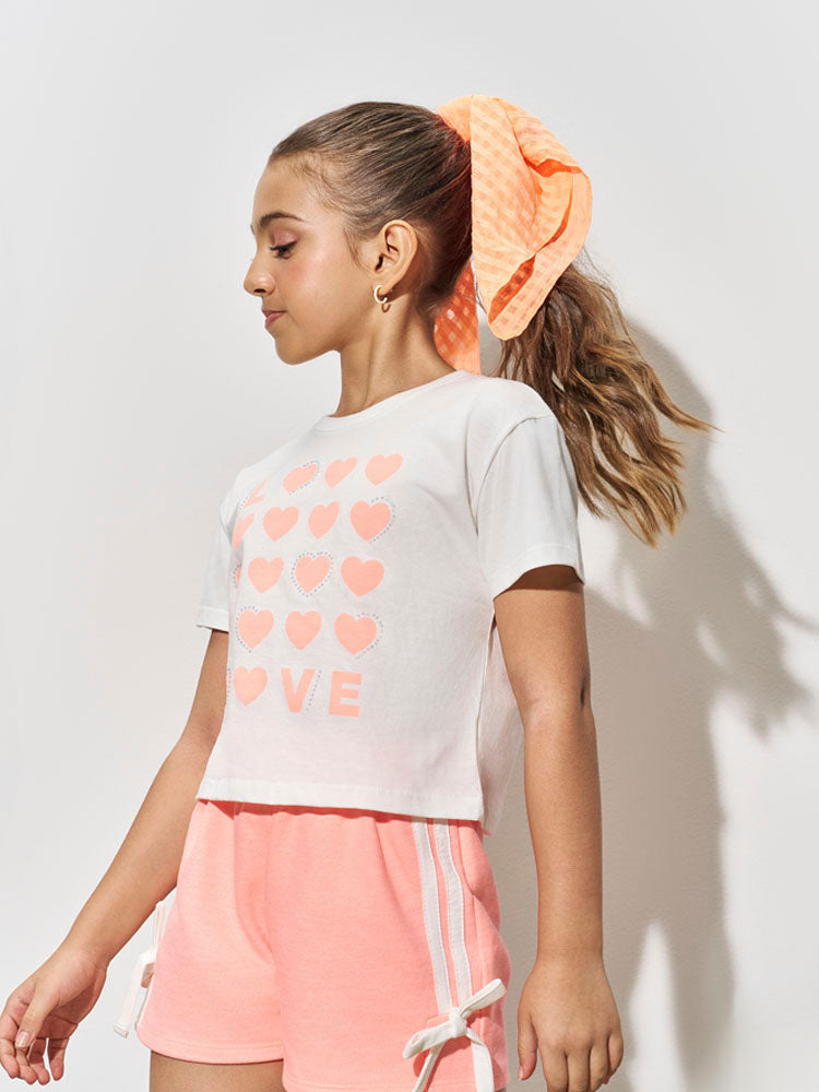 Conjunto Infantil Belime Verão com Shorts Laranja e Blusa Branca Love Corações