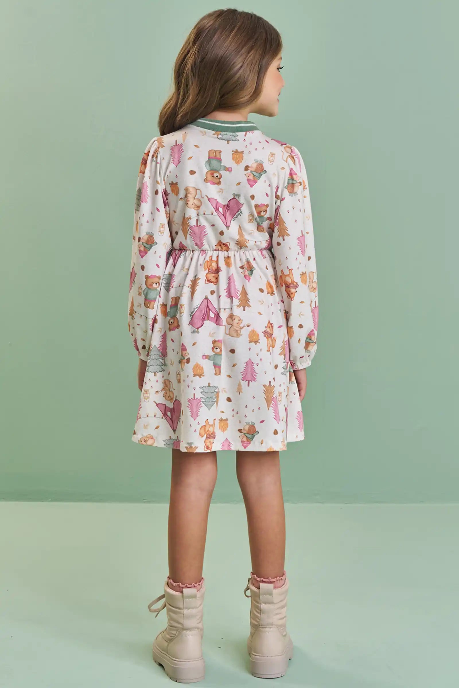 Vestido Infantil Kukiê Inverno Manga Longa Off White Animais na Floresta
