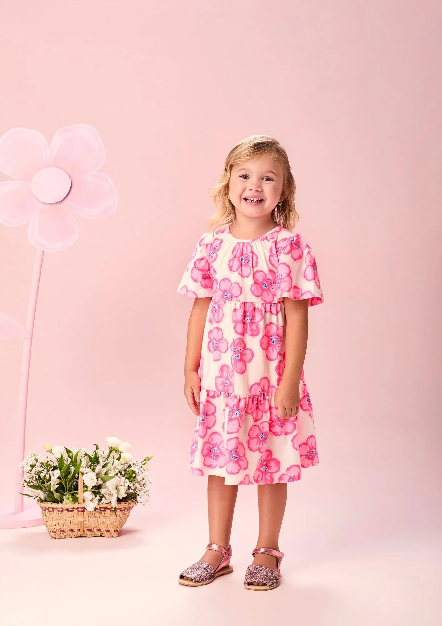 Vestido Infantil Momi Branco Floral Rosa