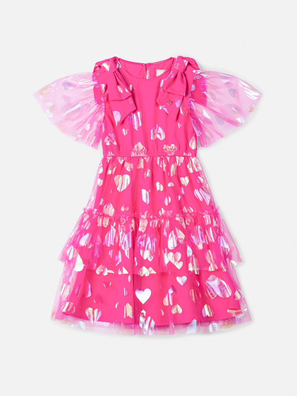 Vestido Infantil Animê Verão Tule Corações Pink