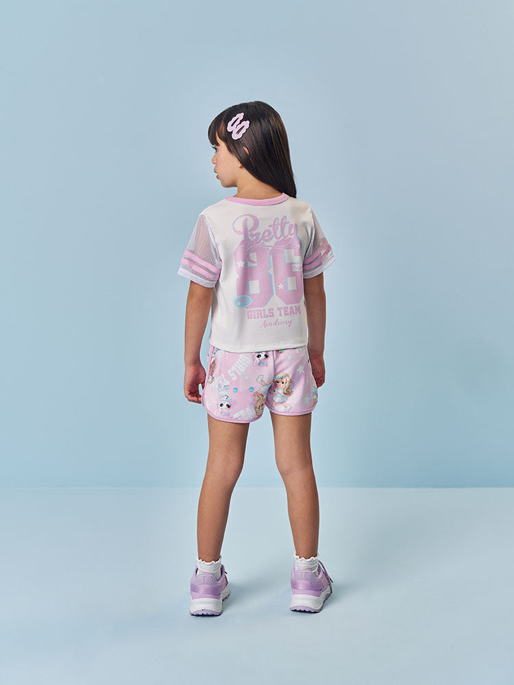 Conjunto Infantil Cinti Verão com Shorts Lilás e Blusa Branca Lider de Torcida Tennis Club