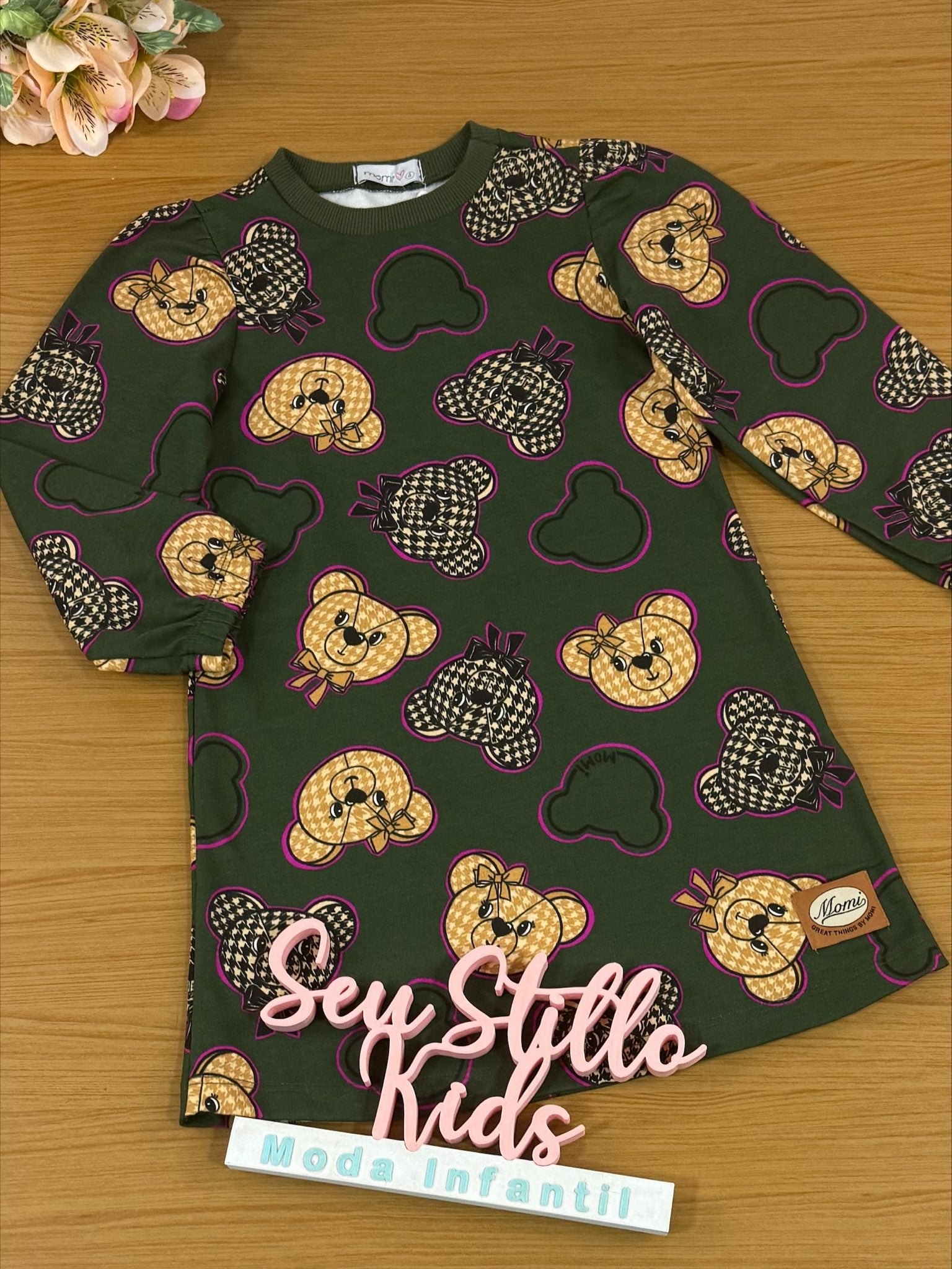 Vestido Infantil Momi Inverno Ursinho Verde