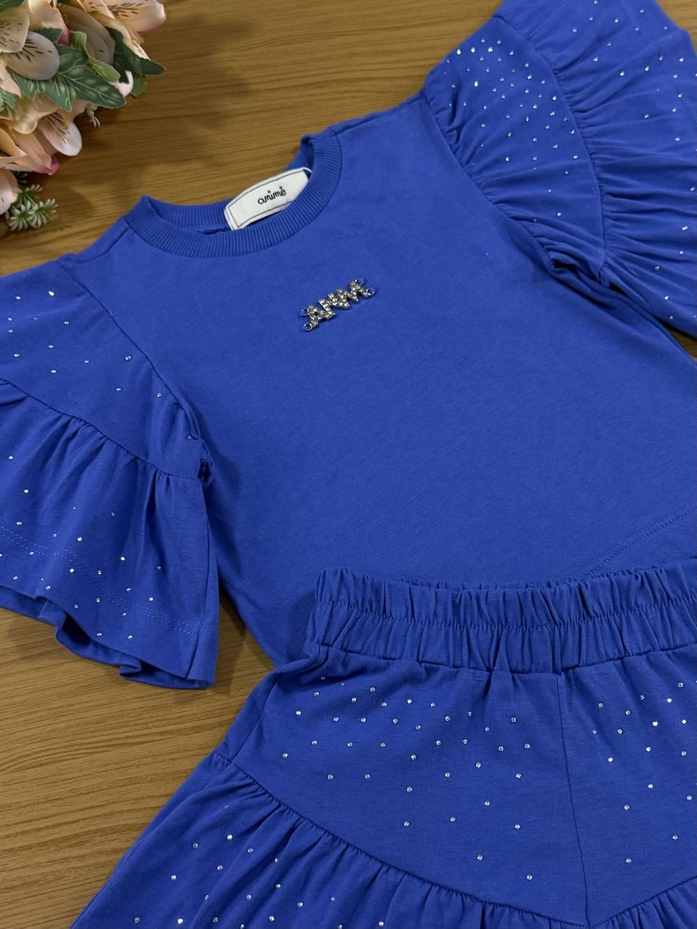 Conjunto Infantil Animê Verão Shorts e Blusa Azul com Strass