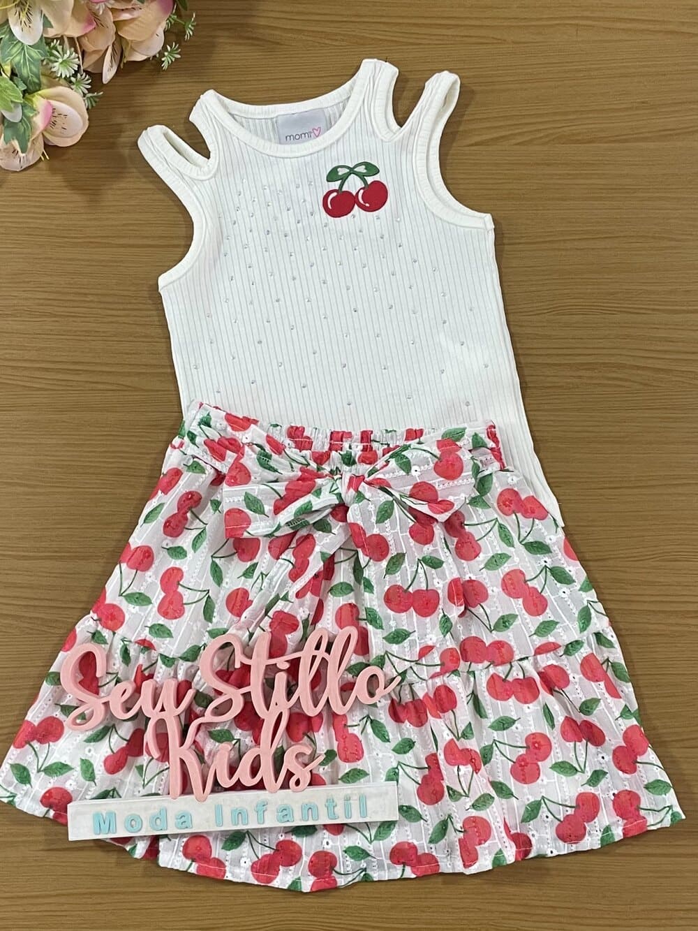 Conjunto Infantil Momi Verão Saia Laise e Blusa Canelada Cereja