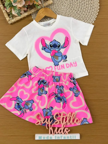 Conjunto Infantil Menina Momi Saia Rosa e Blusa Stitch Strass Disney