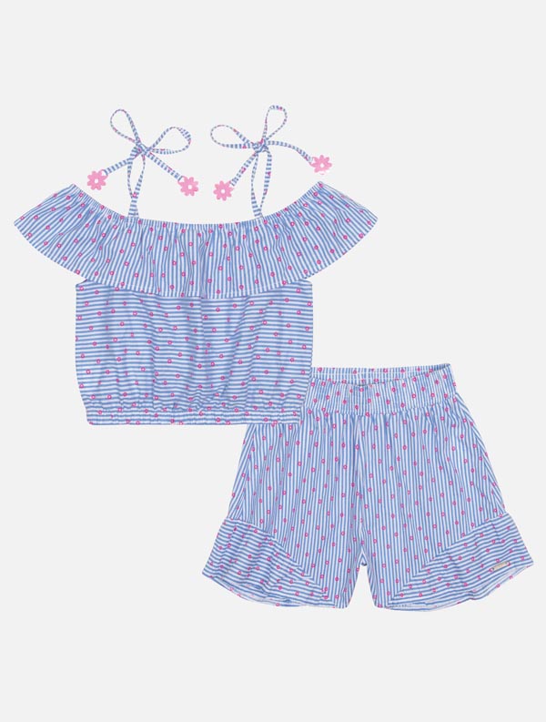 Conjunto Infantil Catavento Verão Shorts e Blusa Azul Listrada com Florzinhas