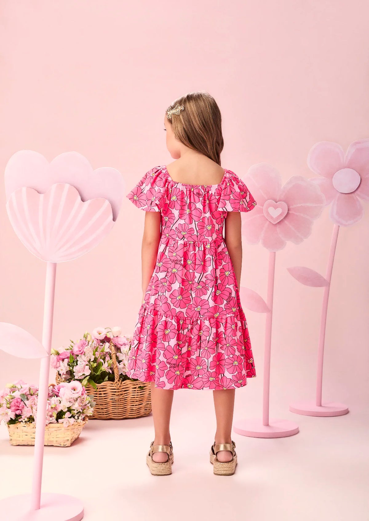 Vestido Infantil Momi com Flores Rosa Neon