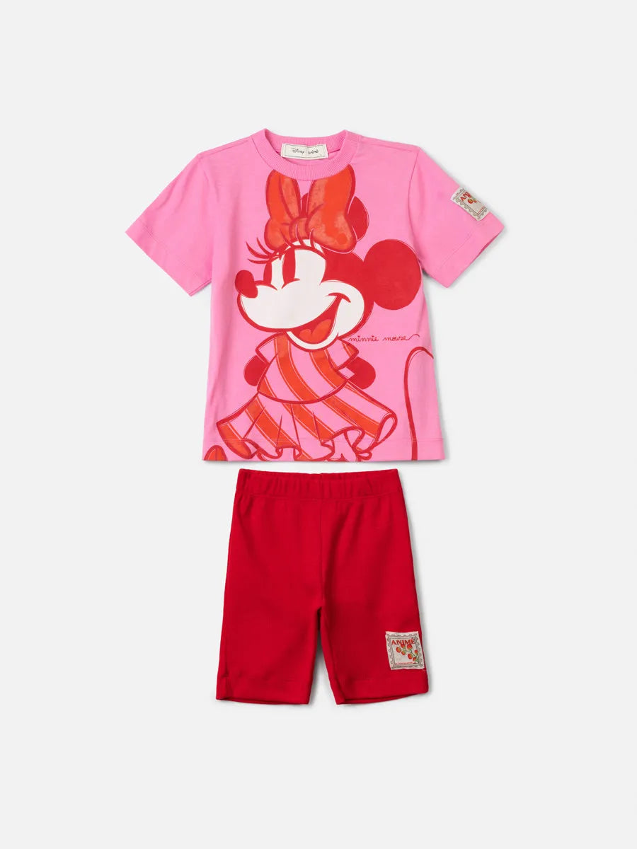 Conjunto Infantil Menina Animê com Shorts Ciclista Vermelho e Blusa Rosa Minnie Disney