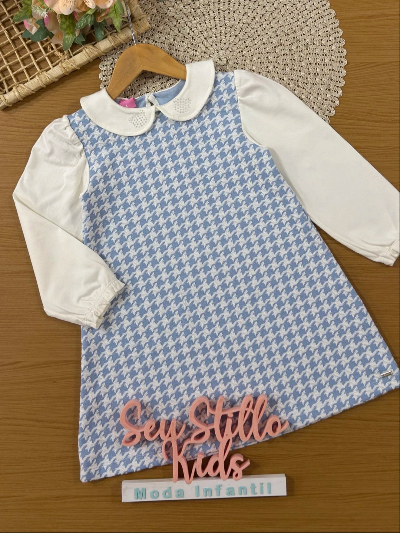 Vestido Infantil Cinti Inverno Pied-de-Poule Azul
