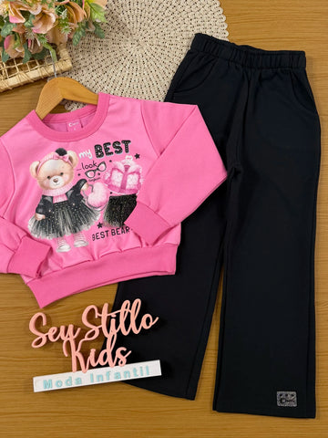 Conjunto Infantil Cinti Inverno com Calça Preta e Moletom Flanelado Ursinha Best