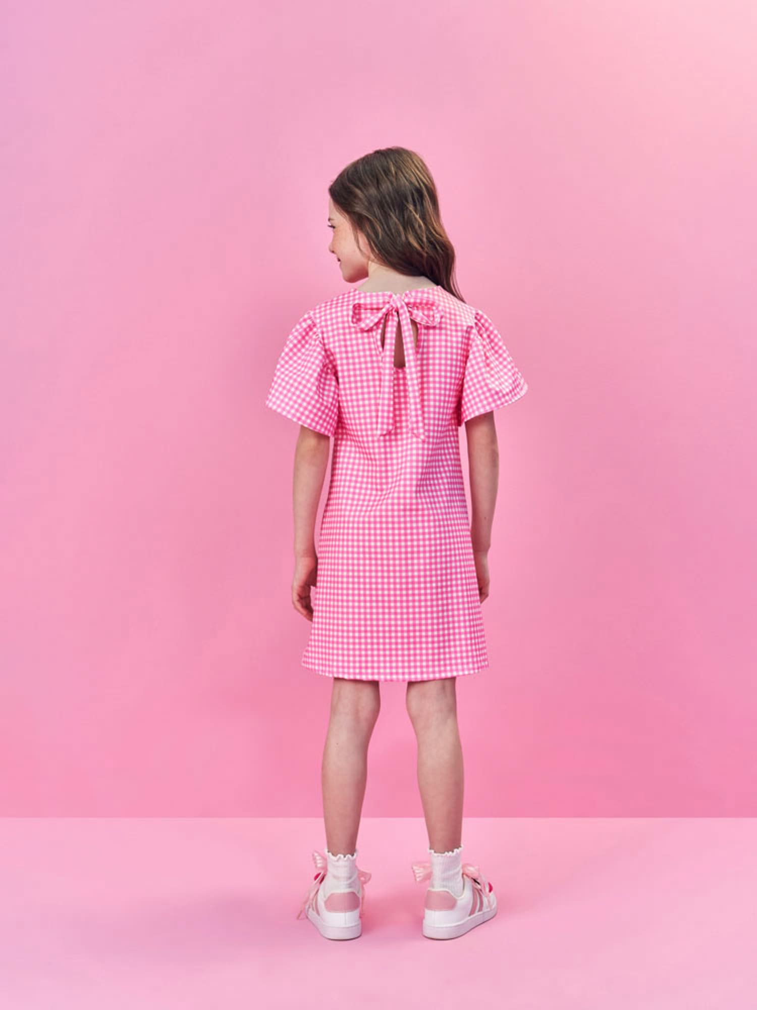 Vestido Infantil Cinti Verão Manga Curta Rosa Xadrez Ursinha Floral