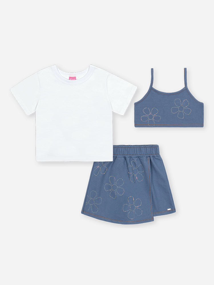Conjunto Infantil Cinti Verão, Shorts Saia e Top Azul Florzinha com Blusa Branca