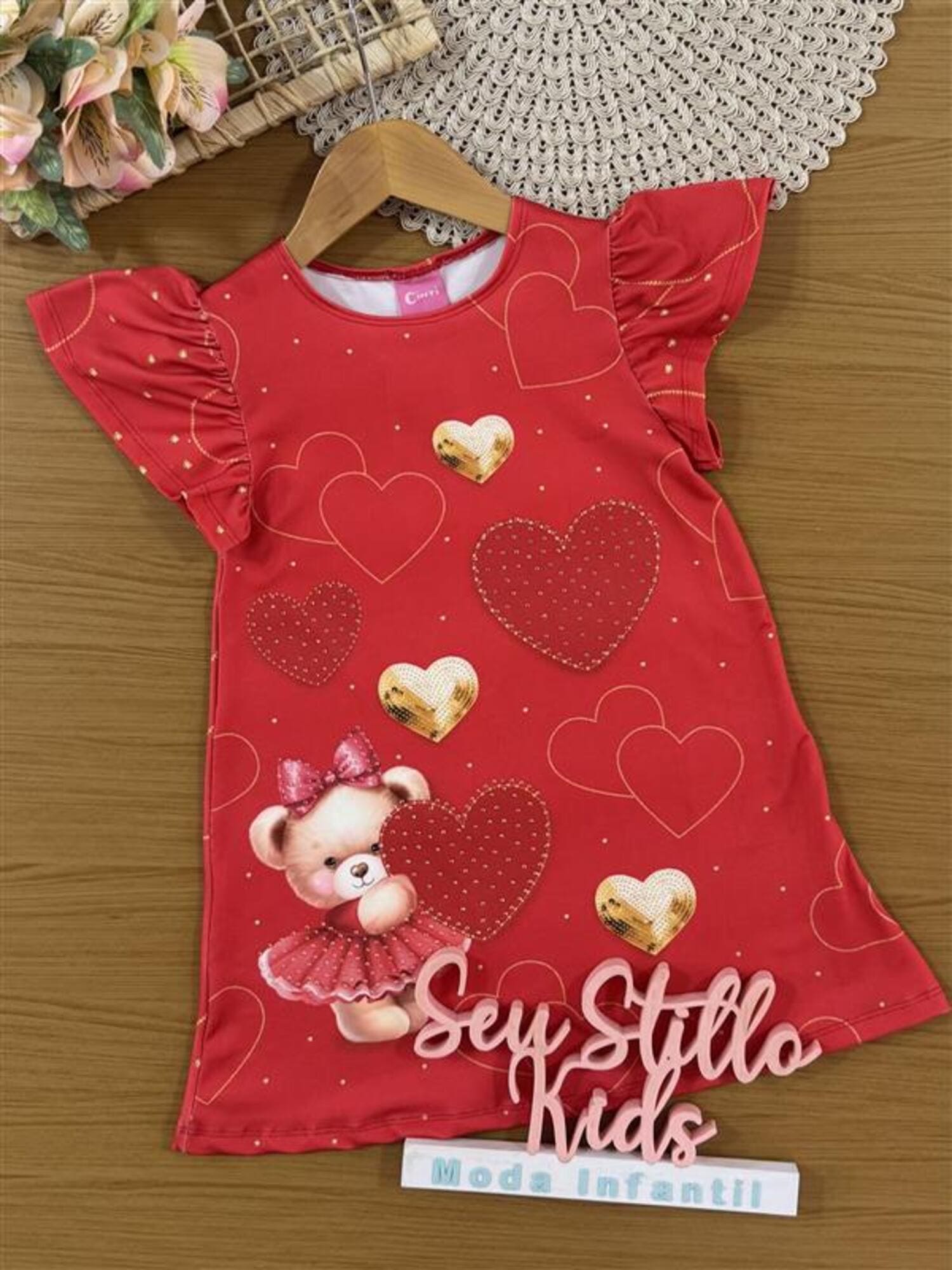 Vestido Infantil Cinti Verão Vermelho Ursinha Corações