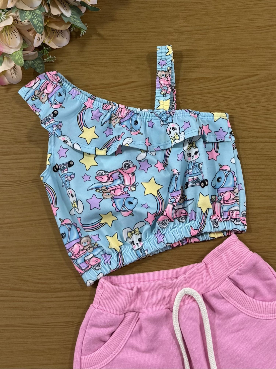 Conjunto Infantil Cinti Shorts Saia e Cropped Azul Coelhinha