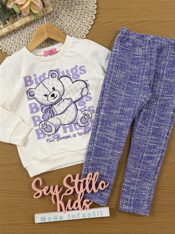 Conjunto Infantil Momi Inverno com Calça Lilás e Moletom sem Flanela Ursinha Coração