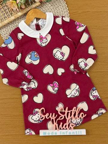Vestido Infantil Momi Inverno Vinho Hello Kitty Love