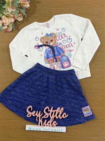 Conjunto Infantil Kukiê Inverno com Saia Azul e Casaco Branco Ursinha com Strass