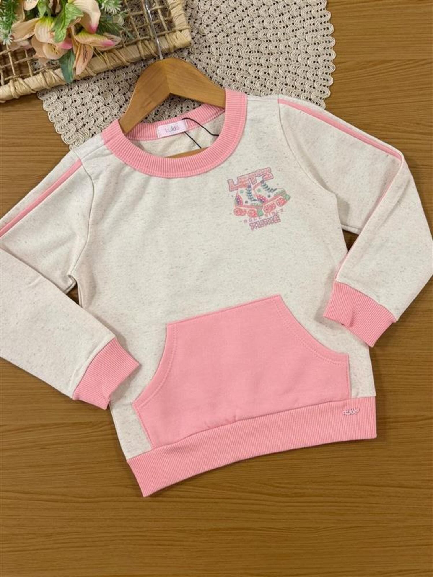 Conjunto Infantil Kukiê Inverno com Calça Legging Rosa e Moletom sem Flanela Patins