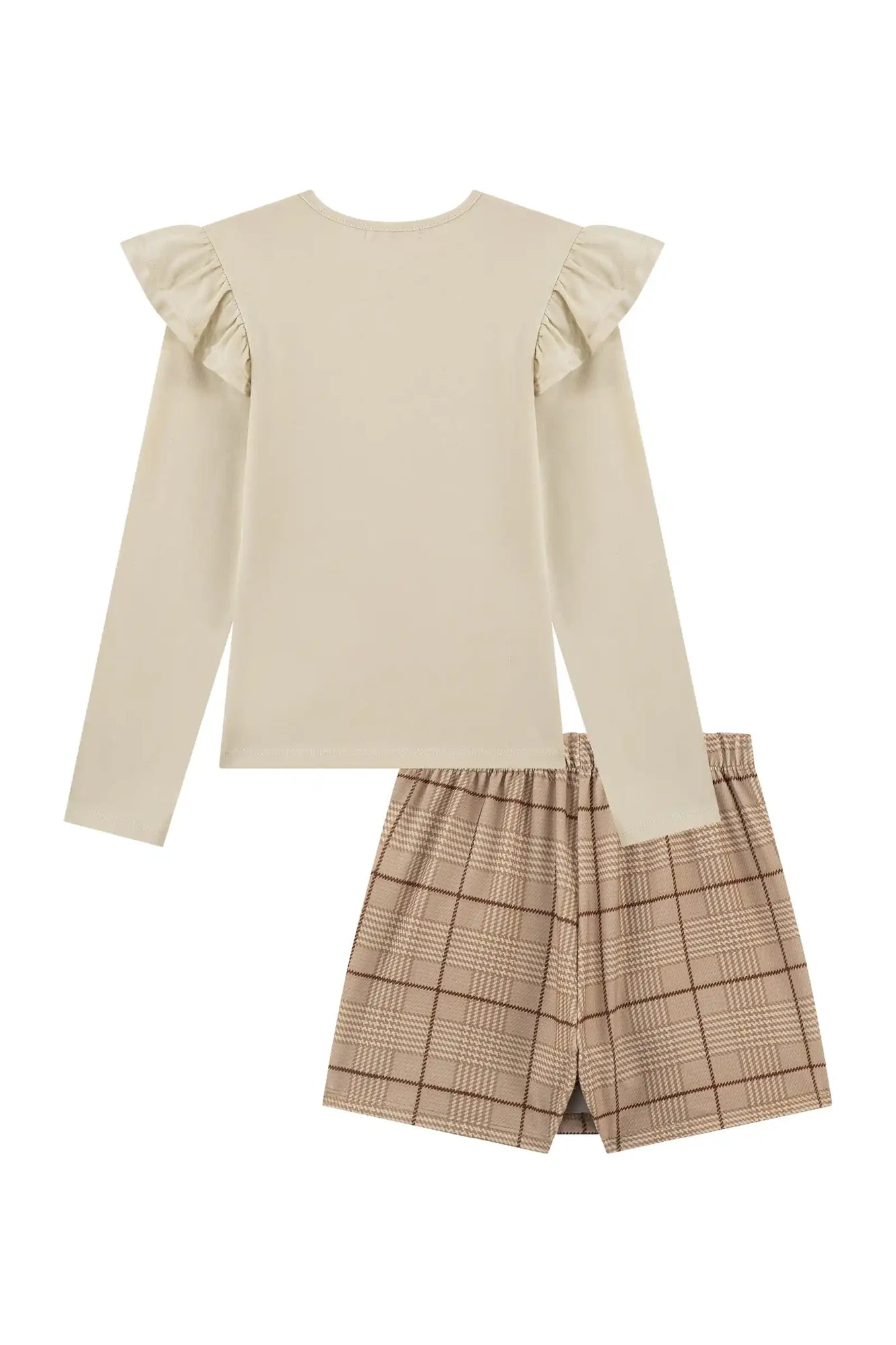 Conjunto Infantil Kukiê Invenro com Shorts Saia e Blusa Manga Longa Bege Love