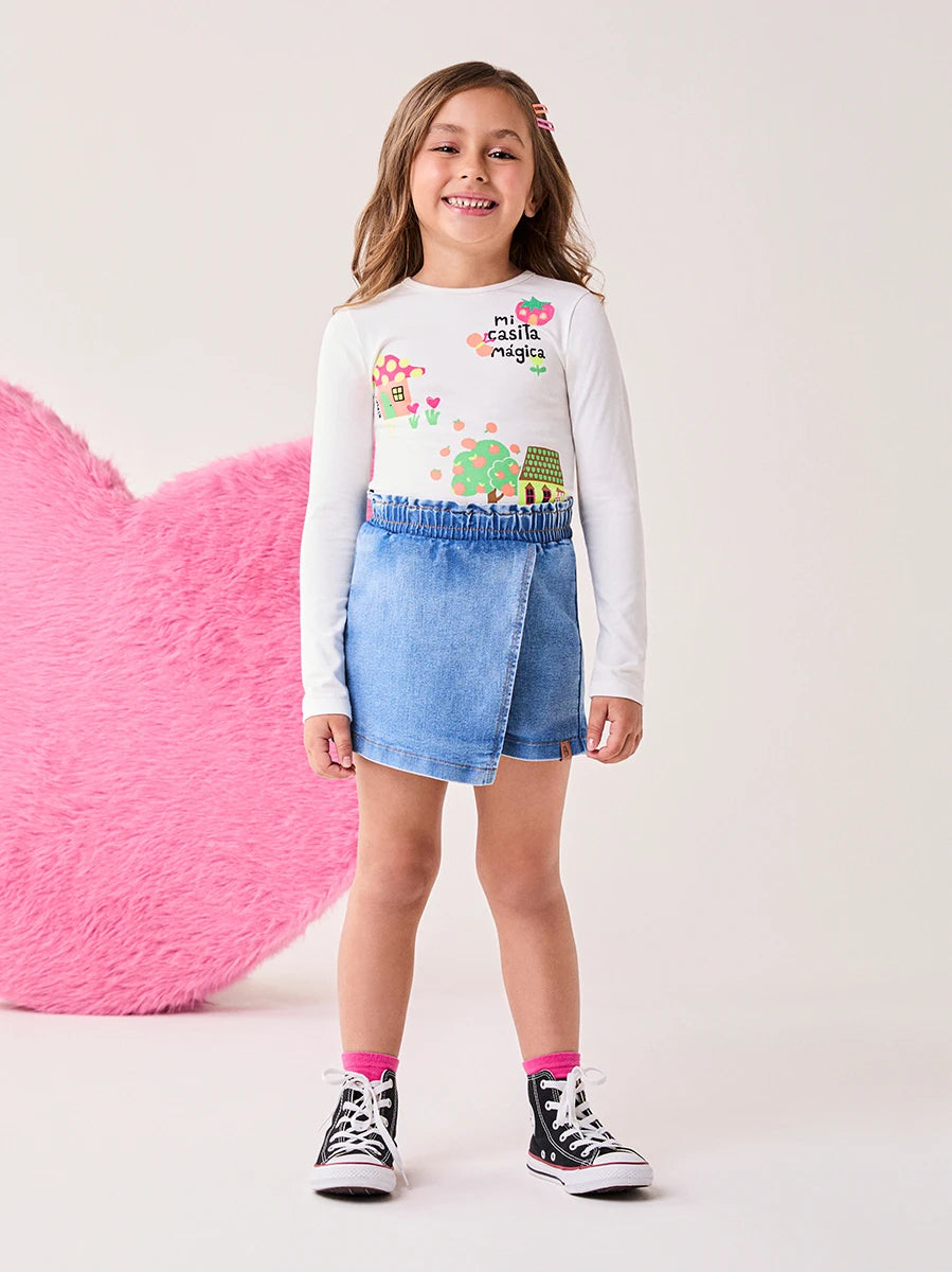 Conjunto Infantil Bimbi Inverno com Shorts Saia Jeans e Blusa Manga Longa Casinha
