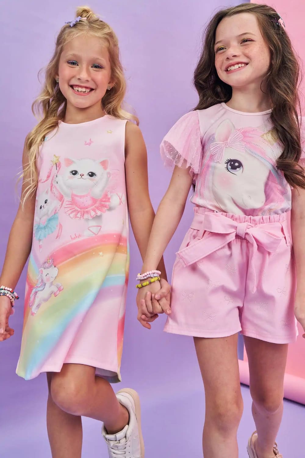 Vestido Infantil Kukie Verão Rosa Arco-íris
