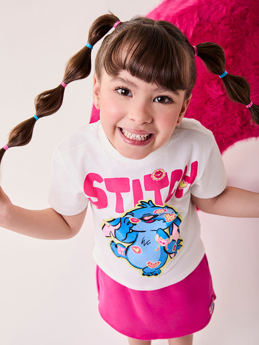 Conjunto Infantil Bimbi Inverno com Shorts-Saia Rosa e Blusa Branca Stitch Disney