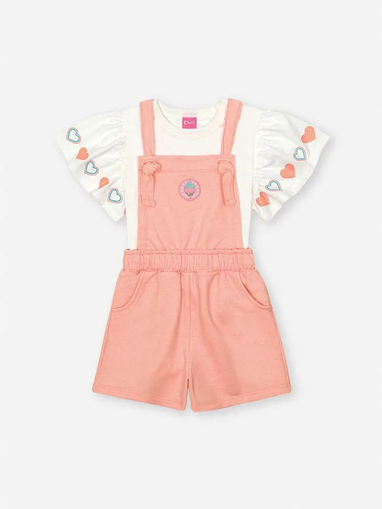 Jardineira Infantil Menina Cinti Laranja com Blusa Branca Corações