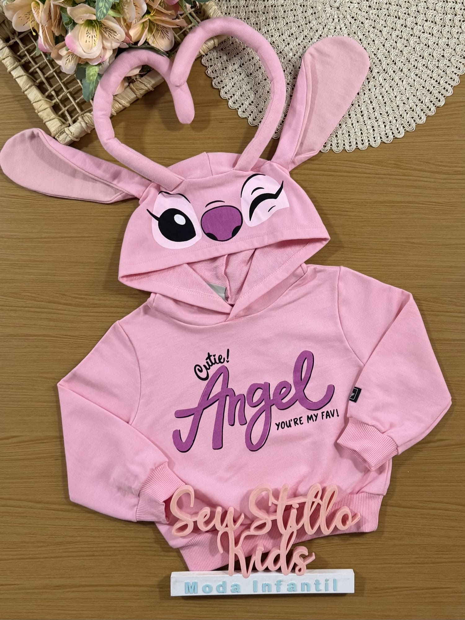 Moletom Infantil Momi Inverno sem Flanela Rosa Angel Disney