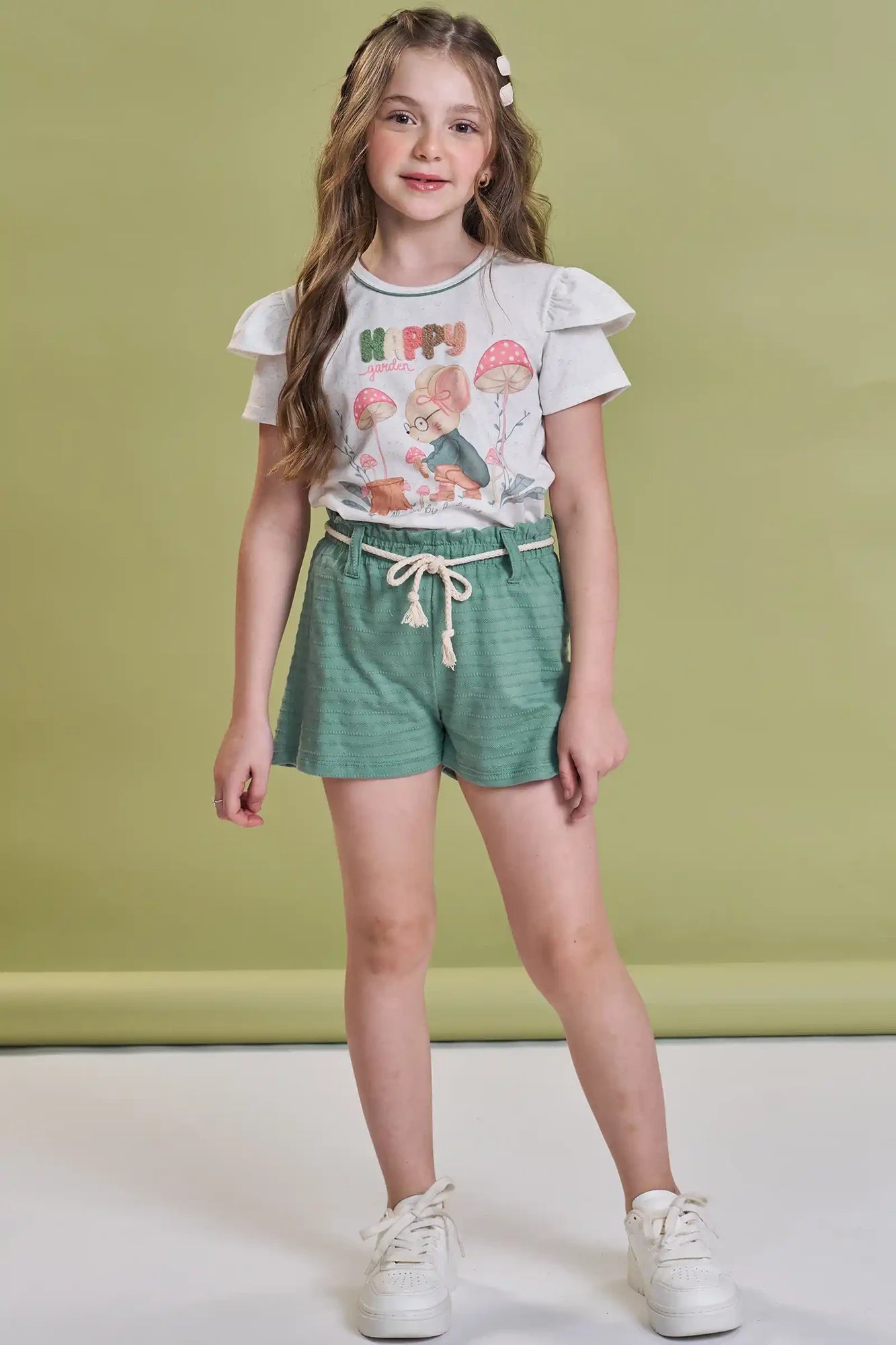 Conjunto Infantil Kukiê Inverno com Shorts Verde e Blusa Manga Curta Ratinha Happy