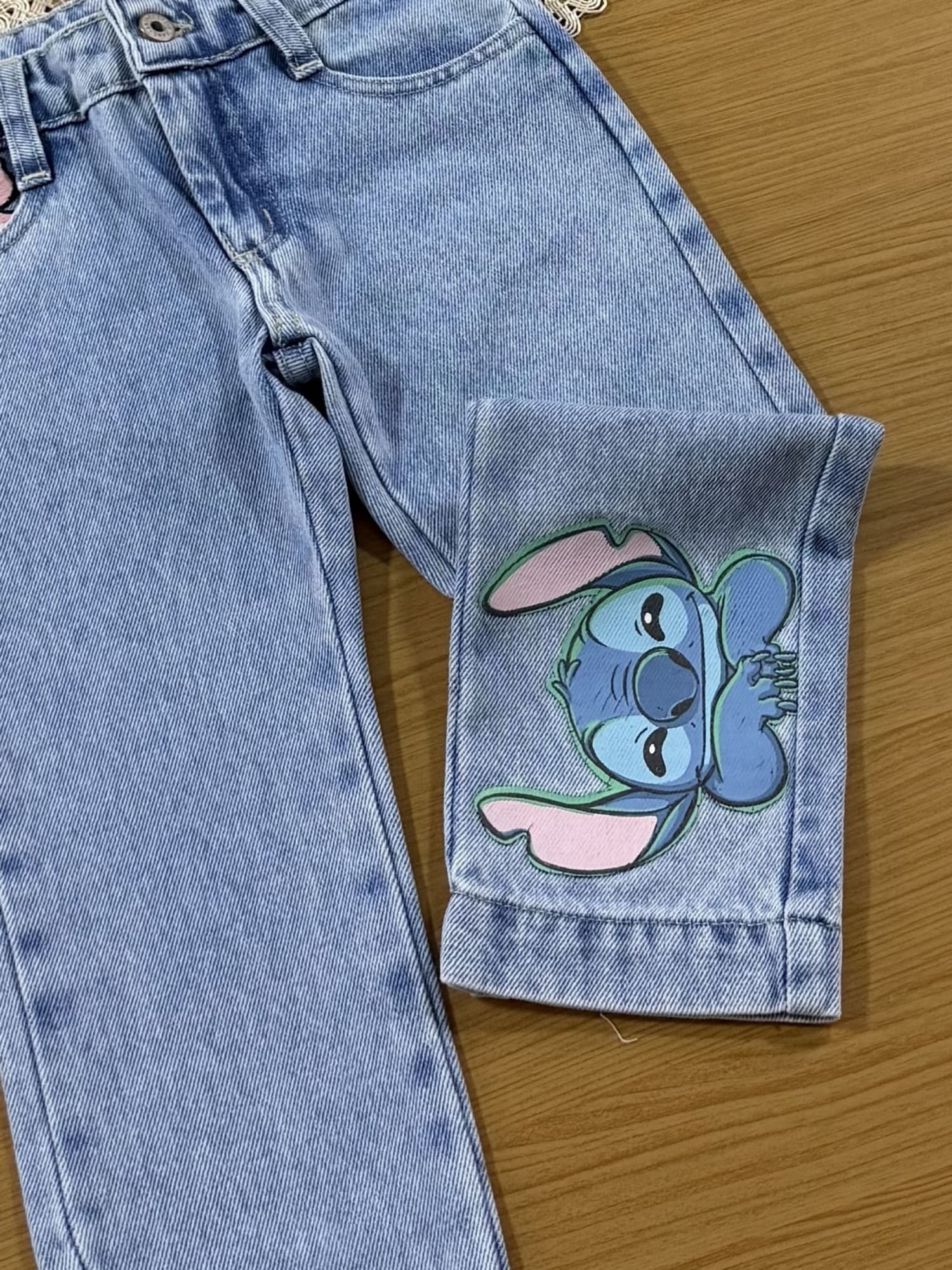 Calça Infantil Animê Inverno Jeans Stitch com Strass Disney