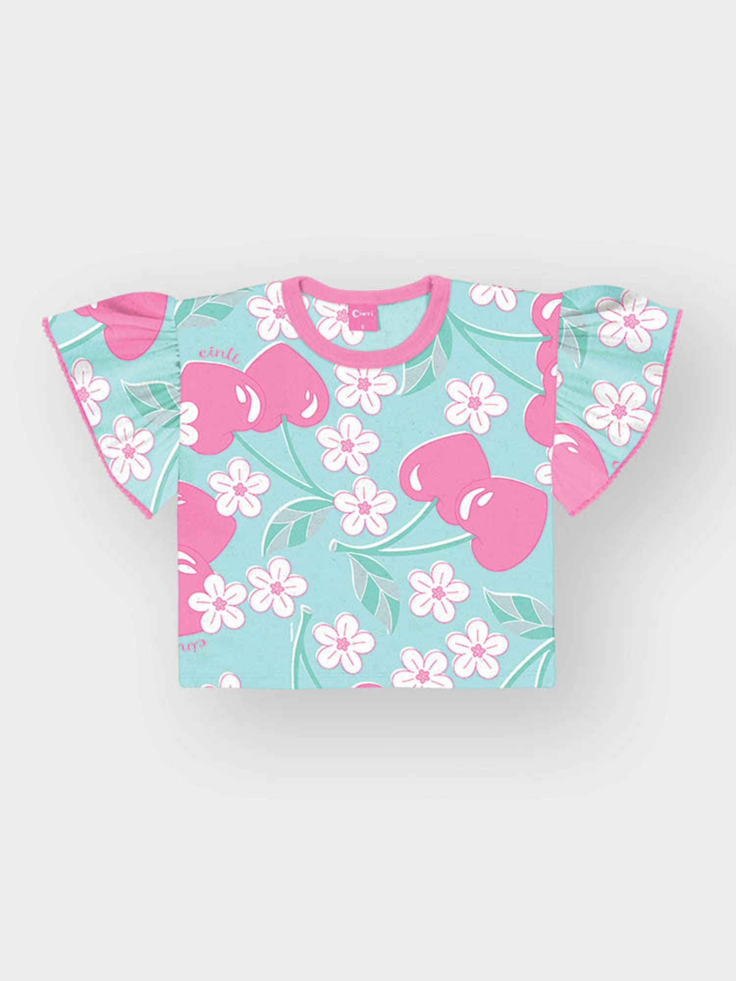 Conjunto Infantil Cinti Verão com Shorts e Blusa Verde Floral