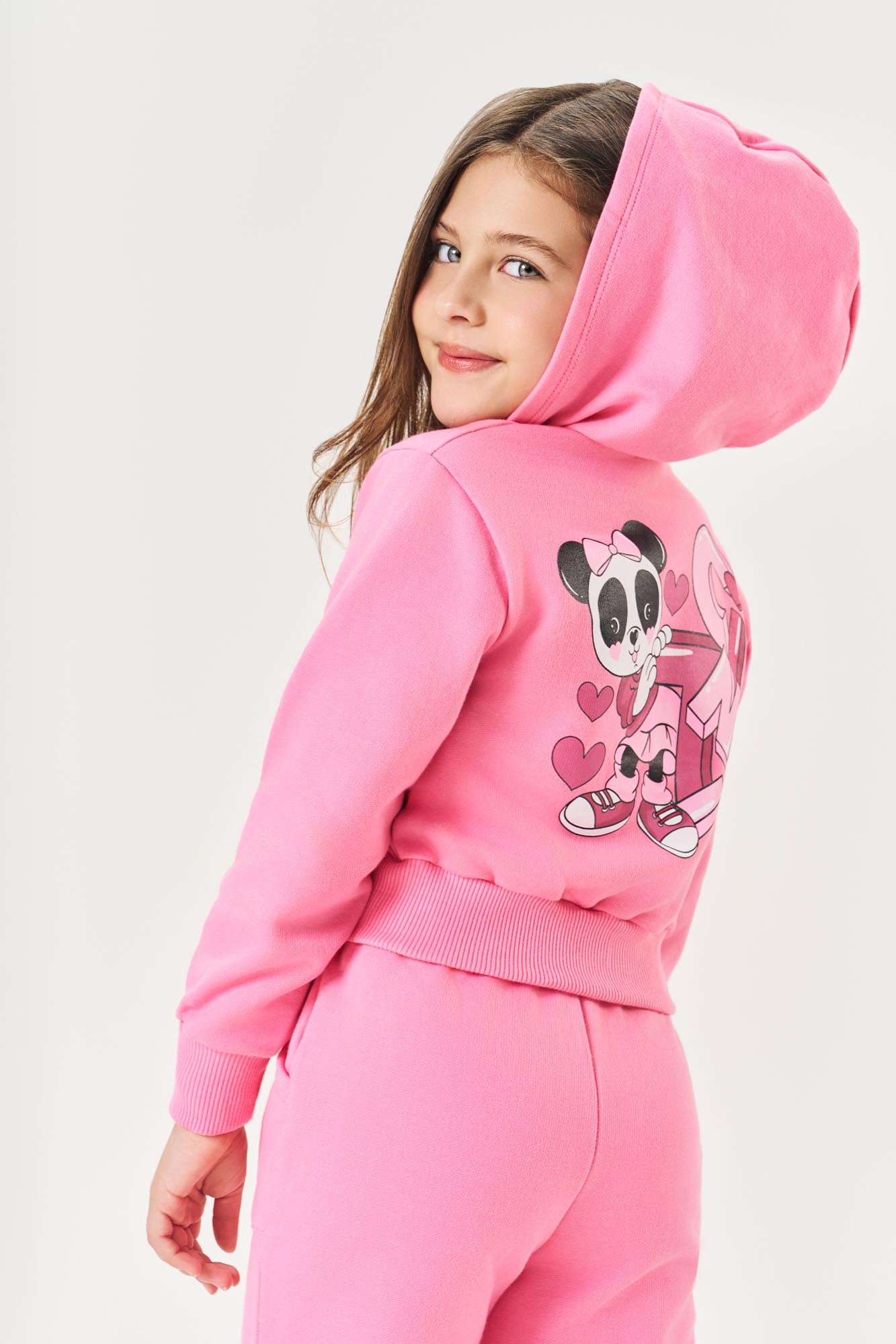 Conjunto Infantil Cinti Inverno Calça Wide Leg e Moletom Flanelado Rosa Panda