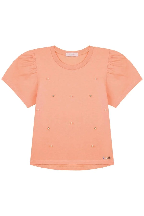 Blusa Infantil Kukiê Verão Laranja com Perolas